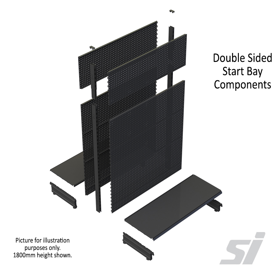 Double sided retail shelving bay with pegboard panels