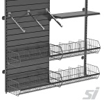 Wire baskets on slotted wall display