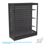 Glass display showcase counter with glass shelves and lights