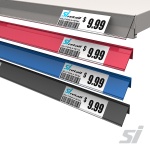 Angled data strips label for gondola shelving shelves