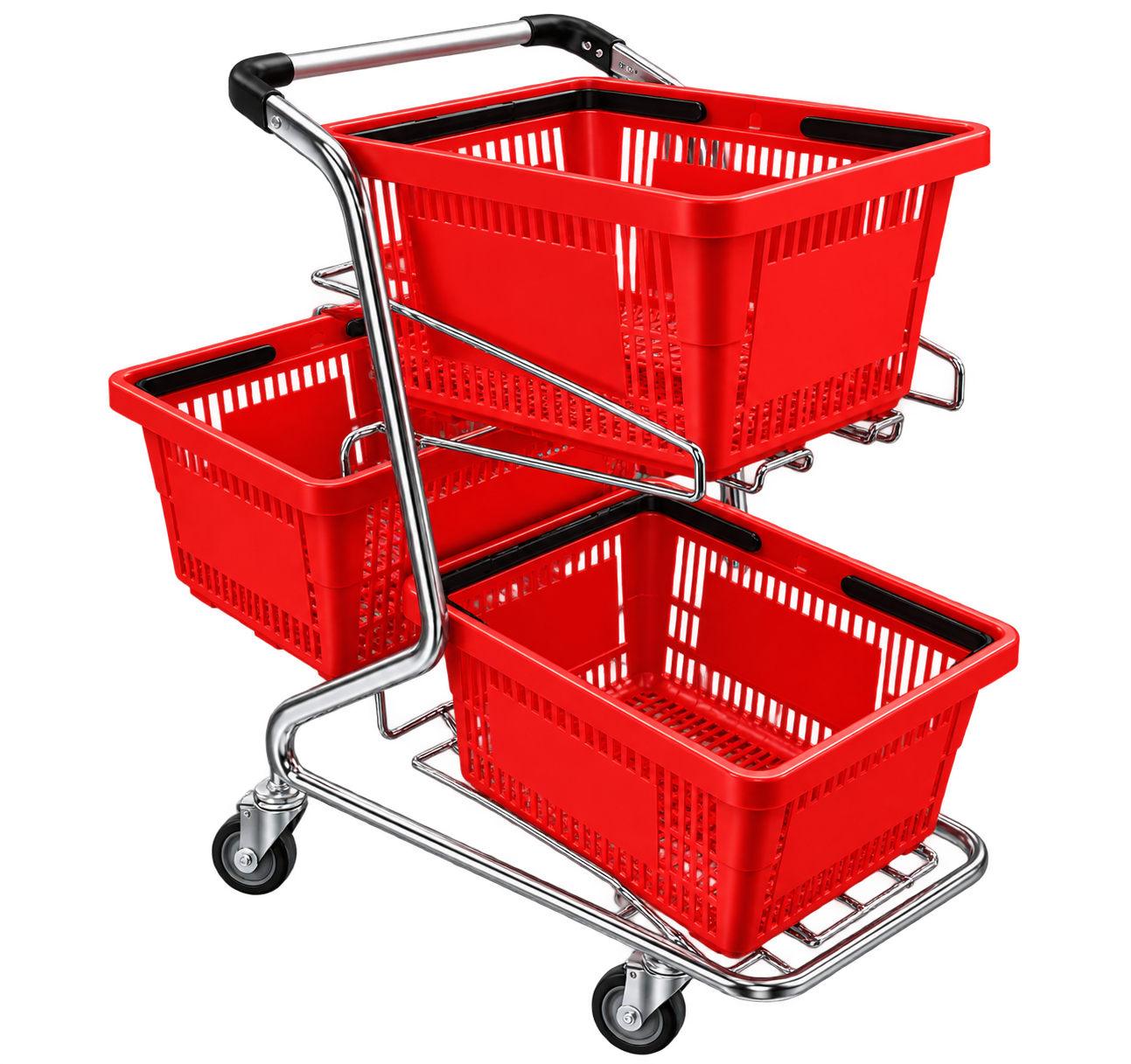 Small shopping basket trolley designed to hold three 28 litre shopping baskets