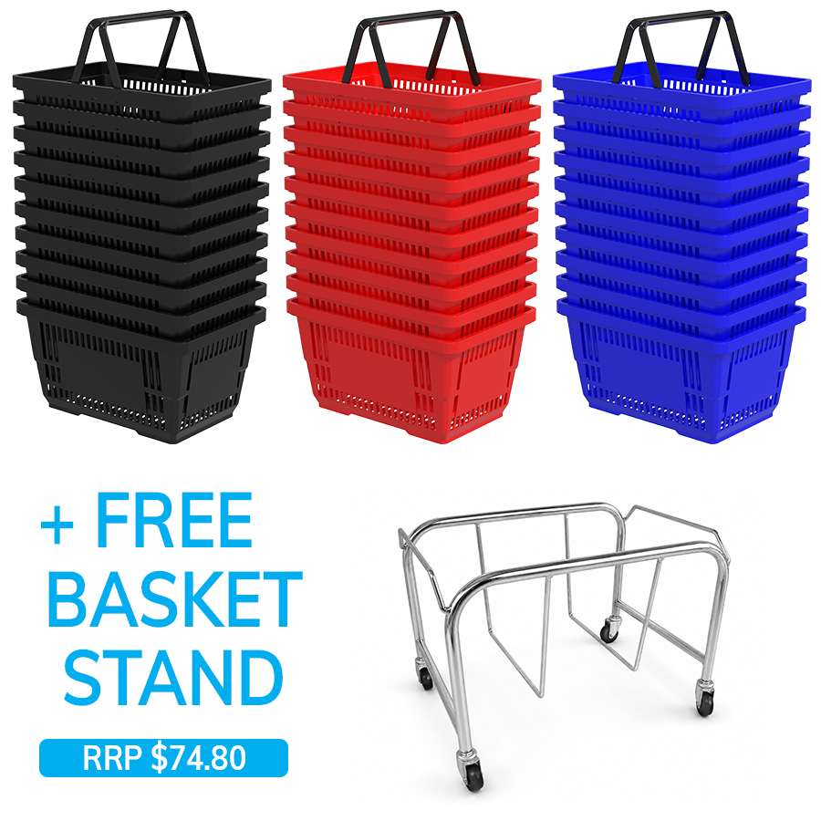 Thirty 28L plastic shopping baskets with a free mobile chrome basket stand