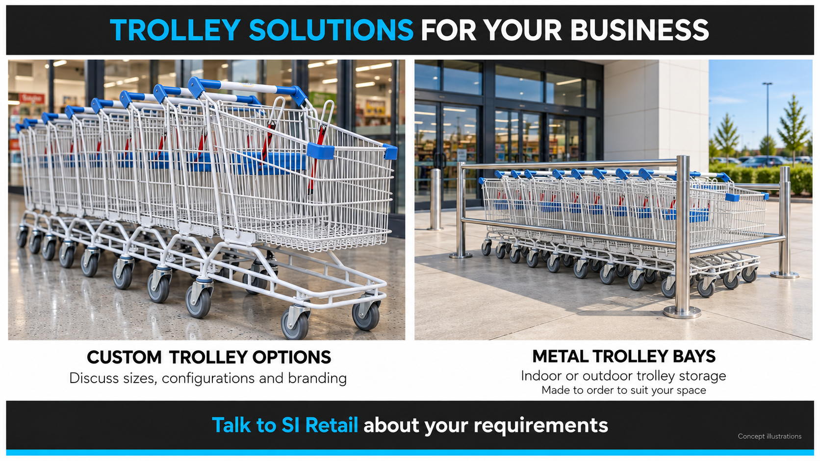 Custom shopping trolleys and outdoor trolley storage bays