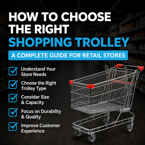 Guide to choosing the right shopping trolley for retail stores featuring a commercial supermarket trolley with red handles against a dark retail aisle background