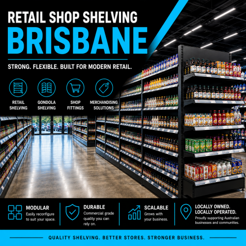 Retail shop shelving and gondola shelving installed in a modern Brisbane retail store featuring commercial display shelving supplied by SI Retail