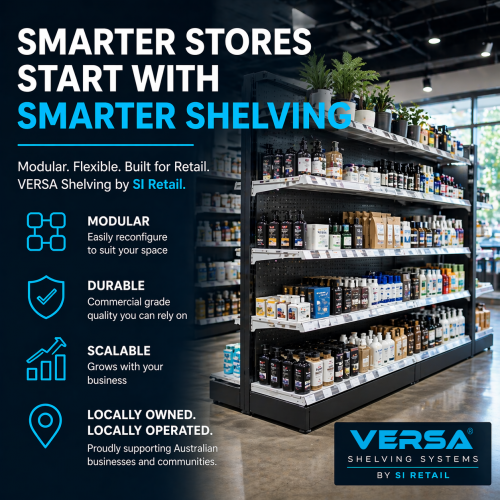 Modular retail shelving system with VERSA gondola shelves used in Australian retail store fitout