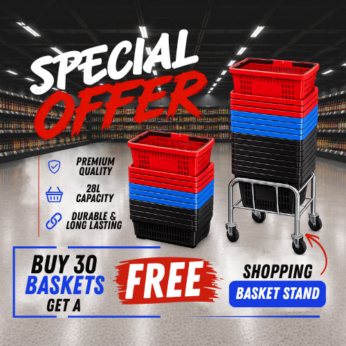 SI Retail offer: buy 30 x 28L shopping baskets and receive a free mobile chrome basket stand.