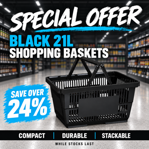 Black 21L shopping basket with twin handles in a retail store setting, with “Special Offer” and “Save Over 24%” text.