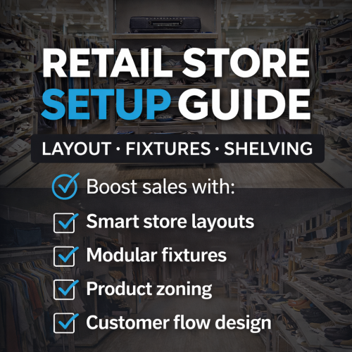 Retail store setup guide for 2026 showing a modern store layout with shelving, fixtures, and product zoning to improve customer flow and increase sales.