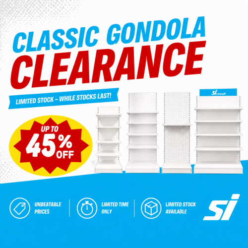 Classic white gondola shelving bays on clearance in Australian retail store, adjustable shelves for shop fit-out and merchandising display