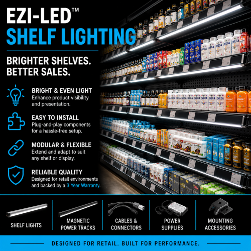 EZI-LED™ shelf lighting installed on retail gondola shelving, improving product visibility and merchandising in a retail store